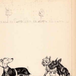 Stampa di cane divertente Decorazione da parete Whippet Scottish Terrier Bulldog francese Griffon di Bruxelles Illustrazione di cane umoristica degli anni '40 di Zito 10301p