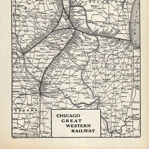 Carte des chemins de fer Great Western de Chicago, 1942, carte des chemins de fer vintage, art mural, cadeau d'anniversaire pour papa, 2285