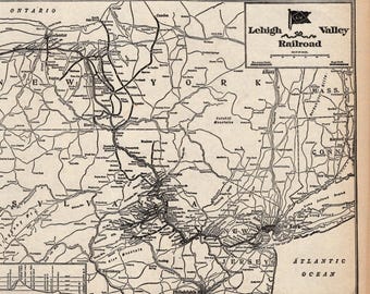 1929 Antique LEHIGH VALLEY Pennsylvania Railroad Map Vintage L&M Railway Map Wall Art Birthday Gift for Dad Anniversary 3450