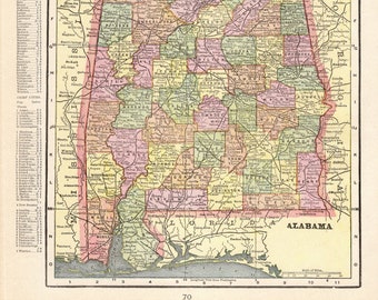 1899 Antique ALABAMA State Map George Cram Atlas Map of Alabama Gallery Wall Art Home Decor Gift For Birthday Wedding Anniversary 2302