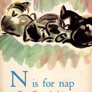 1940s Black Cat Kitten Print Kittens Napping Wall Art Letter N Alphabet Print Clare Newberry ABC Cat Black Cat Childrens Room Decor 10040h