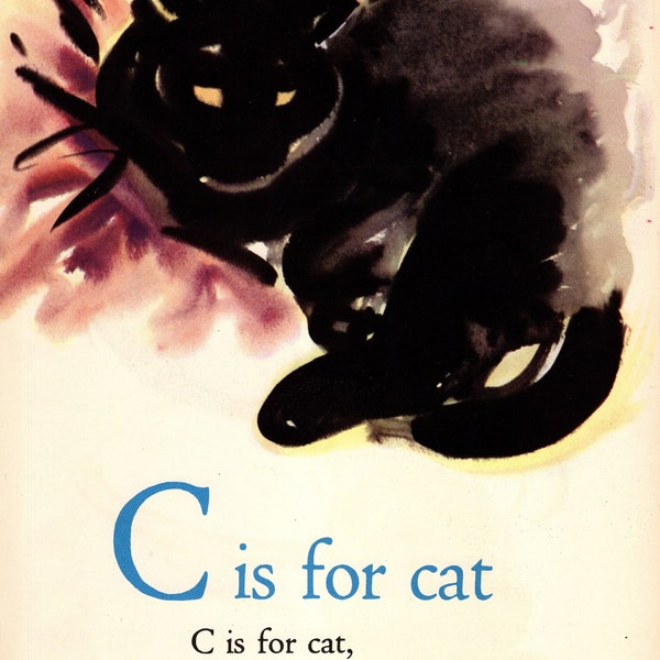 Sweet Black Cat Print Wall Art Decor 1940s Letter C Alphabet ABC Black Cat Illustration Art Print Nursery Decor Childrens Room Decor 6298y