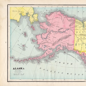 1892 Antique ALASKA Map George Cram Atlas Map of Alaska Gallery Wall Decor Gift for Birthday Graduation Wedding Anniversary 2998
