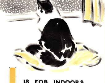 Vintage Cat Print Letter I Print ABC Alphabet Wall Art Cat At Window Art Illustration Print Nursery Rhyme Childrens Room Decor 12080