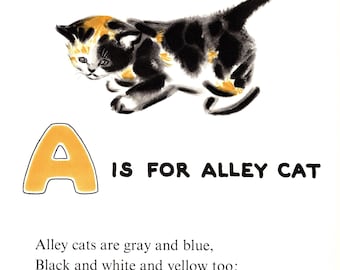 Vintage Calico Cat Print Letter A ABC Alphabet Wall Art Print Newberry Cat Art Illustration Nursery Rhyme Childrens Room Decor 12076