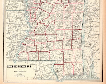 1891 Antique MISSISSIPPI State Map of Mississippi Wall Art George Cram Atlas Map Anniversary Gift For Traveler Birthday Wedding 1193
