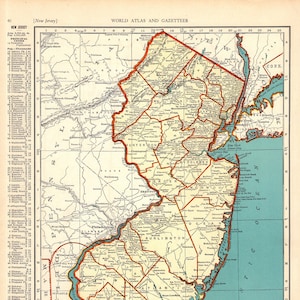 Mapa antiguo del estado de Nueva Jersey de 1940. Mapa de Nueva Jersey de la década de 1940. Decoración de pared para galería. Regalo de inauguración de la casa para maestros, aniversarios, cumpleaños, bodas. 2254