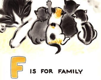 Vintage Cat Print Letter F ABC Alphabet Wall Art Mother and Child Theme Art Kitten Illustration Nursery Rhyme Childrens Room Decor 12082