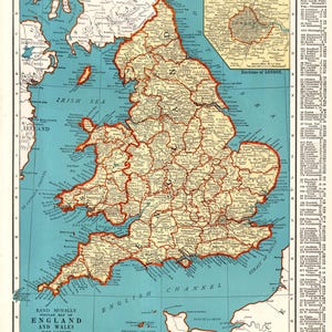 1942 Vintage ENGLAND and WALES Map of England Gallery Wall Decor Home Library Decor Gift for Wedding Anniversary Birthday 3816