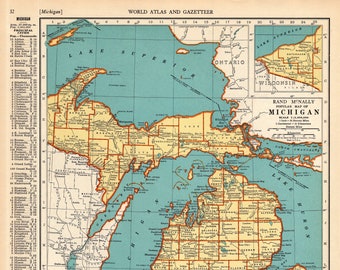 1937 Antique MICHIGAN State MAP Vintage Map of Michigan Gallery Wall Decor Gift for Wedding Birthday Anniversary Friend 2210