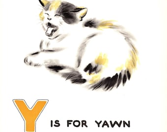 Vintage Cat Print Letter Y Print ABC Alphabet Wall Art Y is for Yawn Art Kitten Illustration Nursery Rhyme Childrens Room Decor 12077