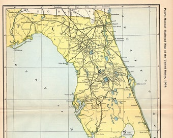 1901 Antique Florida Railroad Map Plant System Railroad Florida East Coast Railway Vintage Railroad Map 1451