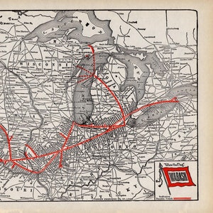 Mapa ferroviario antiguo de WABASH de 1933, de Buffalo a Omaha, Chicago y Toledo. Galería de mapas ferroviarios vintage. Arte mural. Regalo de cumpleaños para papá. 2738