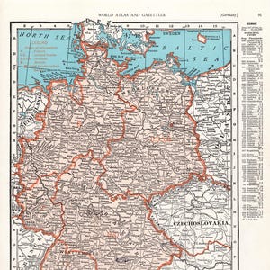 May include: A vintage Rand McNally map of Germany featuring occupation zones, cities, and borders. The map includes a legend, a list of principal cities with population data, and a scale showing 1 inch equals 52 statute miles and 1 centimeter equals 33 kilometers.