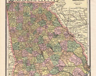 1888 Antique Georgia State Map of Georgia George Cram Atlas Map 4100