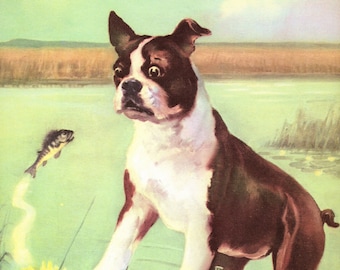 Boston Terrier Fishing Print Humorous Dog Fishing Wall Art Wesley Dennis Art Childrens Room Decor Gift for Dog Lover Birthday wd 10848t