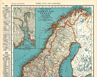 1940 Antique NORWAY Map and SWEDEN Map Gallery Wall Decor Anniversary Gift for Birthday Wedding 2258