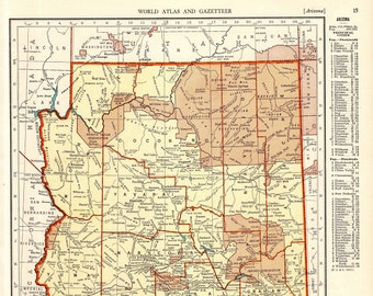 1942 Vintage ARIZONA State Map of Arizona Atlas Map Gallery Wall Decor Birthday Gift for Wedding Anniversary Housewarming 2032