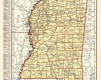 1940 Antique MISSISSIPPI State Map Gallery Wall Decor Vintage Map of Mississippi Gift for Traveler Birthday Wedding Anniversary 3017