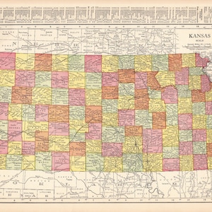 Carte de l'état du Kansas vintage, 1916, carte ancienne du Kansas Gallery, décoration murale, cadeau d'anniversaire pour un anniversaire de mariage, pendaison de crémaillère 2990