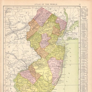 Mapa antiguo del estado de NUEVA JERSEY de 1916 Mapa vintage de Nueva Jersey Galería Arte de pared Decoración de oficina Regalo de aniversario para boda Inauguración de la casa 2887