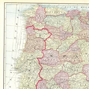Gran mapa antiguo de España y Portugal, decoración de pared, 1904, mapa Atlas de España de George Cram, regalo de pared para cumpleaños, aniversario de bodas 10286