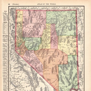 Ancienne carte de l'état du Nevada de 1895, carte de l'atlas du Nevada, galerie, décoration murale, bibliothèque, cadeau d'anniversaire pour mariage, 2558