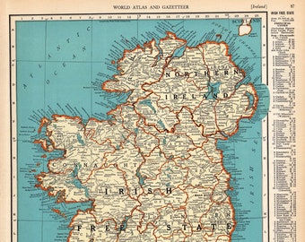 1937 Antique IRELAND Map Vintage Map of Ireland Irish Free State Map Gallery Wall Library Decor Anniversary Gift for Birthday Wedding 2144