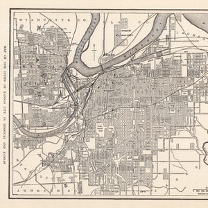 1907 Antique Kansas City Street Map of Kansas City Missouri and Kansas Black and White Map Wall Decor Wedding Gift For Anniversary 3429