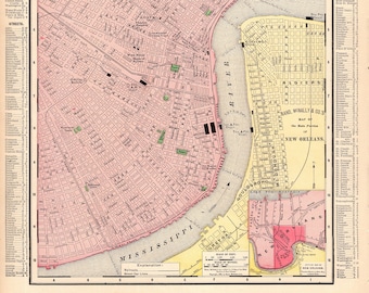 1895 Antique NEW ORLEANS Street Map City Map of New Orleans Louisiana Wall Art Anniversary Gift for Wedding Birthday Housewarming 1153