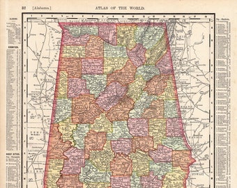 1895 Antique ALABAMA State Map Vintage Atlas Map of Alabama Gallery Wall Home Decor Gift For Birthday Wedding Anniversary 2317