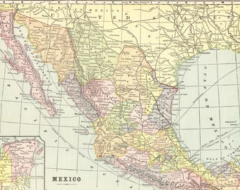1903 Antique MEXICO Map BAJA California Map George Cram Atlas Map Gallery Wall Art Birthday Gift For Anniversary Birthday Wedding  11853