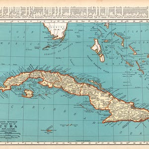 May include: A vintage map of Cuba, showing the island in detail with surrounding waters. The map uses blue, beige, and red colours, with text indicating geographical features and the title "CUBA".