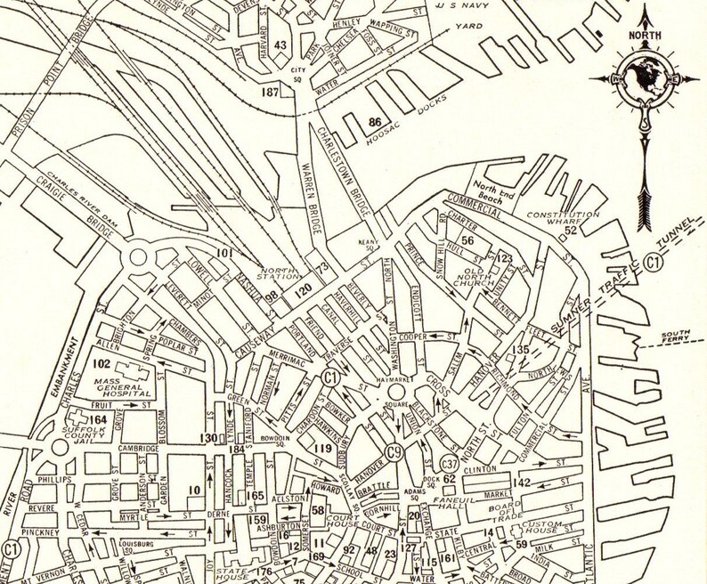 1939 Antique BOSTON City Map of Boston Massachusetts Street Map Wall Art Gift for Wedding Graduation Birthday Anniversary 8423