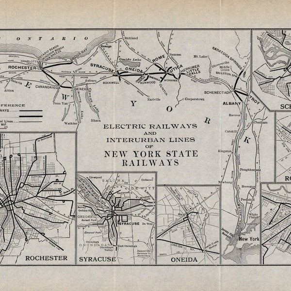 1917 Antique New York State Railways Map Electric Railways and Interurban Lines Map Utica Schenectady Oneida Rome Syracuse Maps 689