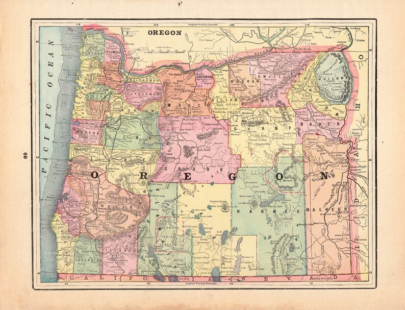 1892 Antique OREGON MAP Cram Atlas Map of Oregon Wall Etsy