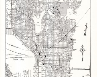 1942 SEATTLE Washington Map Vintage Map of Seattle City Street Map Black and White Wall Home Decor  Gift For Wedding Birthday 4009