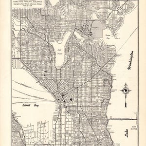 Carte vintage de Seattle, Washington, 1943, carte de Seattle, carte des rues de la ville, noir et blanc, décoration murale, cadeau pour un anniversaire de mariage, 3137