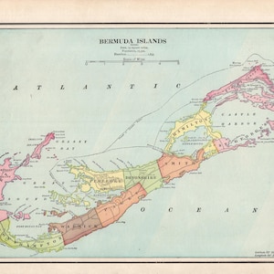 Carte ancienne des BERMUDES de 1899, carte de l'atlas des Bermudes, art mural, décoration de maison de plage, cadeau d'anniversaire de mariage pour voyageur 3243