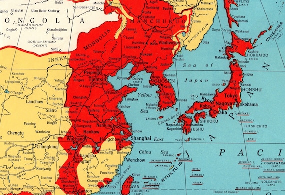 1945 Wartime Far East Asia Map World War 2 Controlled Regions