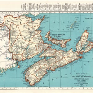 Carte de la NOUVELLE-ÉCOSSE vintage de 1936, carte du Canada maritime antique, Cape Breton, Nouveau-Brunswick, décoration murale, cadeau d'anniversaire de mariage, cadeau 2693