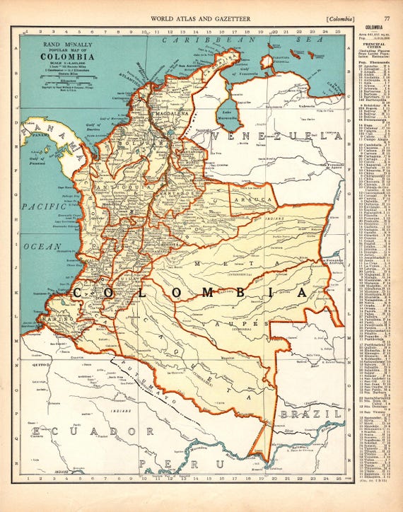 1938 Vintage Colombia Map Atlas Map of Colombia South America