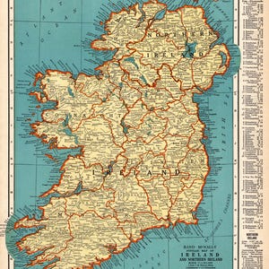 May include: A vintage-style map of Ireland and Northern Ireland featuring a cream-colored landmass with orange borders, set against a teal ocean background. The map includes detailed county labels, city names, and a gazetteer table on the right side.