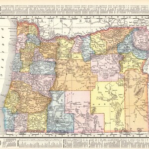 May include: A vintage-style colored map of Oregon featuring county boundaries, rivers, and mountain ranges. The map includes the text "ATLAS OF THE WORLD" on the left side, "Oregon" in the top left corner, and a detailed county index at the bottom.