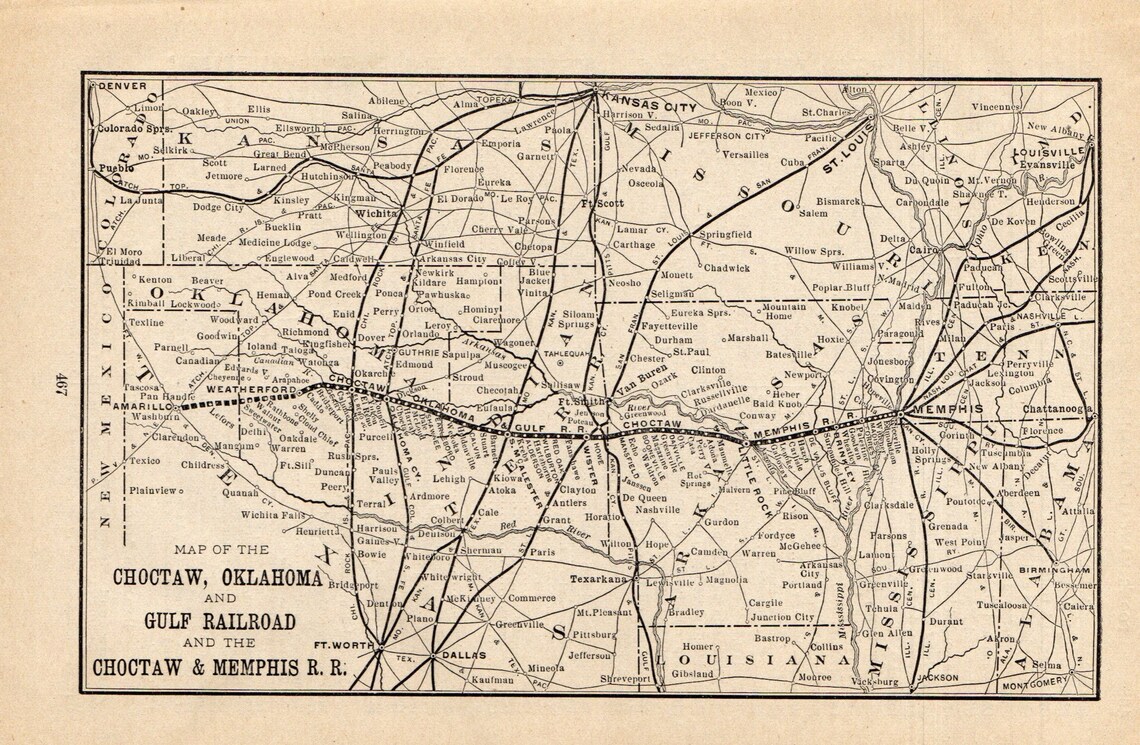 1900 Antique Choctaw Oklahoma and Gulf Railroad Map Choctaw Etsy