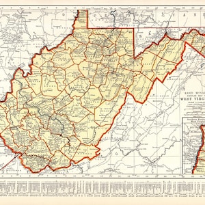 Carte de l'état de la Virginie-Occidentale, vintage des années 1940, carte antique des années 1940 de la Virginie-Occidentale, cadeau de décoration murale pour anniversaire de mariage 3027