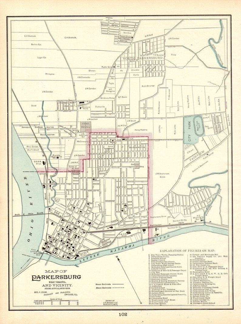 1891 Antique Parkersburg West Virginia Street Map George Cram City Map of Parkersburg Gift For Housewarming Wedding Birthday 11375