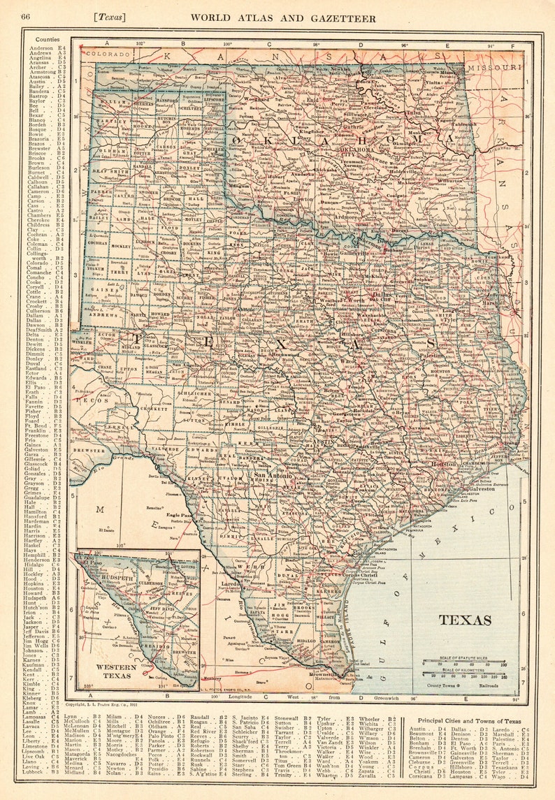 1921 Mapa Antiguo Del Estado De Texas Mapa Estatal Oklahoma Etsy