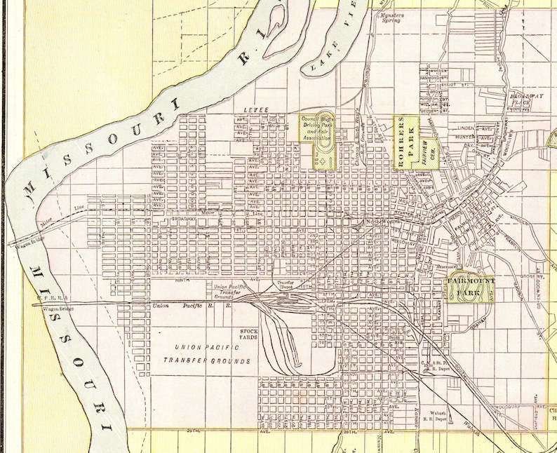 1891 Antique COUNCIL BLUFFS Iowa Street Map Cram City Etsy
