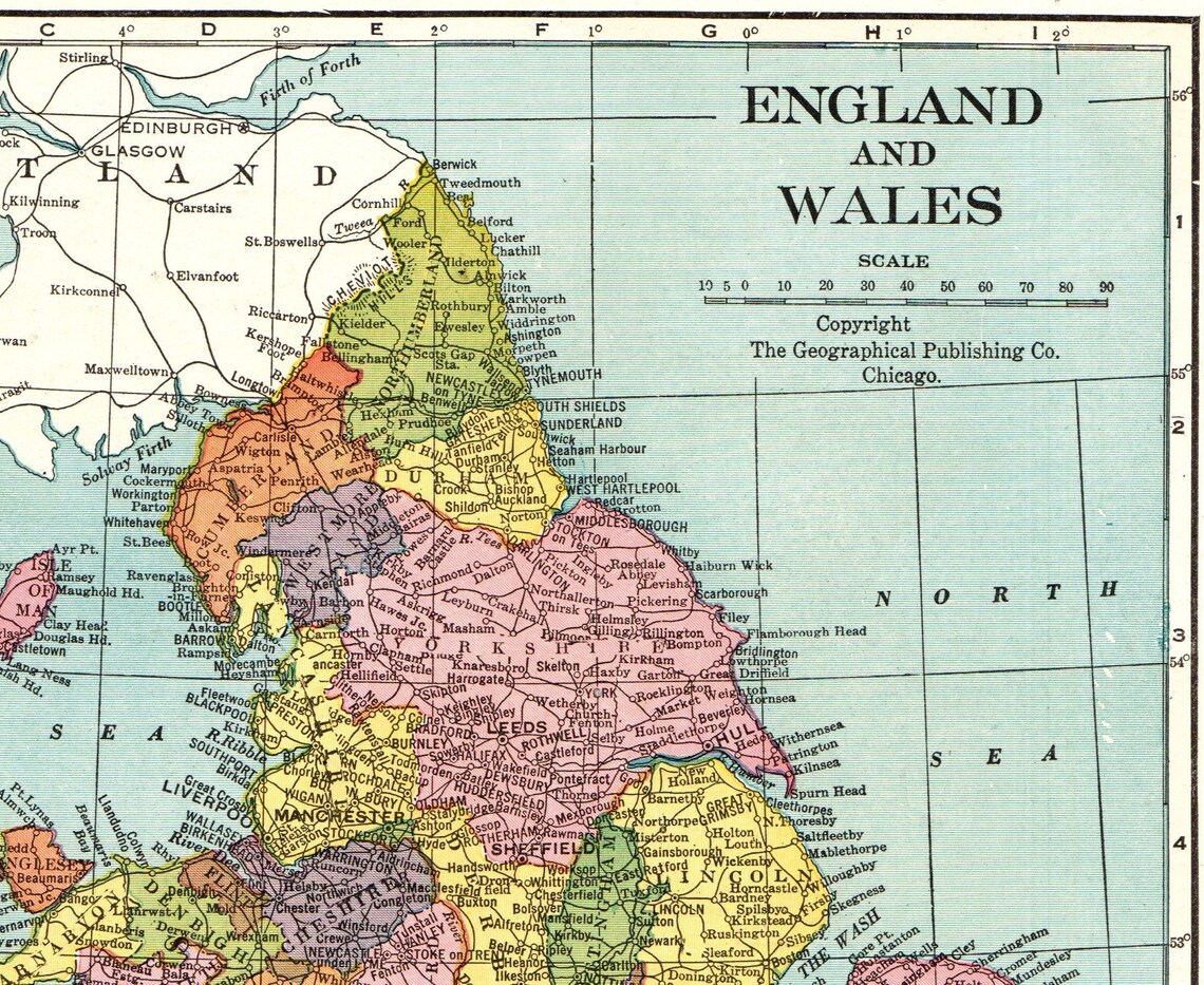 1941 antike ENGLAND und WALES Karte Vintage Karte von ...
